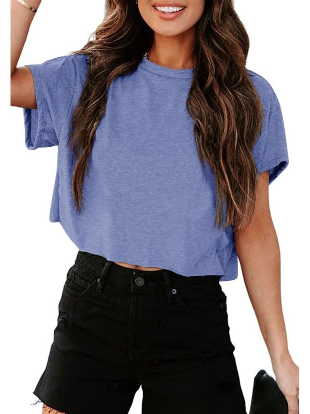 Women's Light Blue Short Sleeve Crew Neck Loose Casual Drop Shoulder Crop Tops